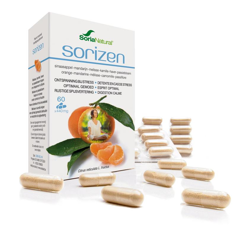 Soria Natural Sorizen herbal capsules in a white bottle, 60 capsules for herbal supplement use.