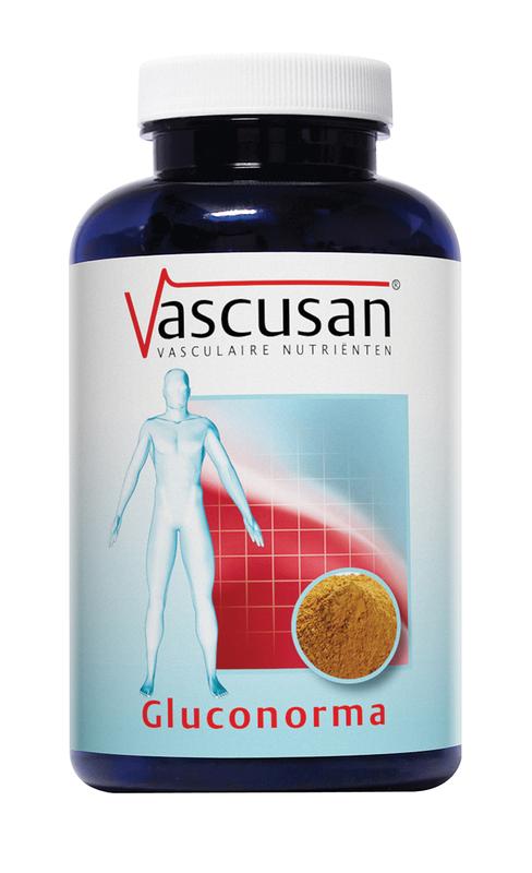 Vascusan Gluconorma 60 tablets, herbal supplement in a white bottle with a green label, displayed on a plain background.