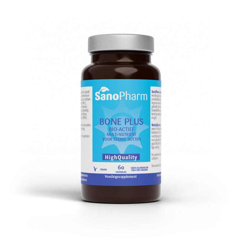 SanoPharm Bone Plus high-quality mineral supplement capsules, 60 count, for supporting bone health and overall wellness.