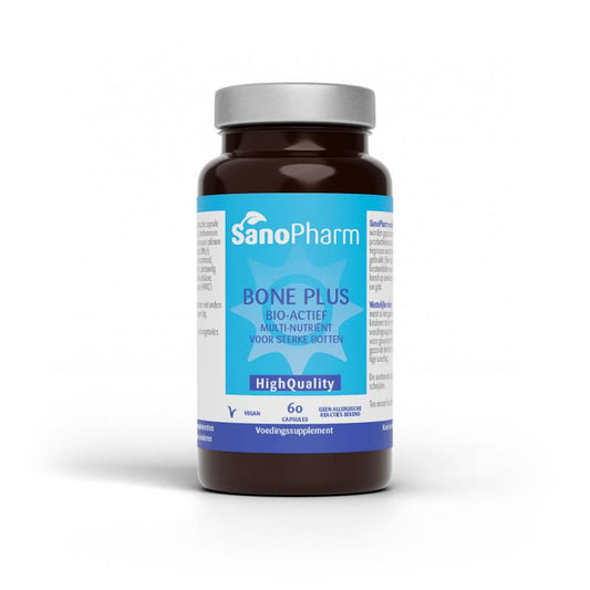 SanoPharm Bone Plus high-quality mineral supplement capsules, 60 count, for supporting bone health and overall wellness.
