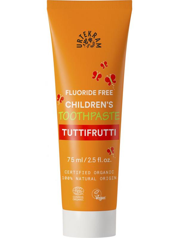 Urtekram Tuttifrutti toothpaste tube with colorful packaging and 75ml size, suitable for fresh, fruity oral care.
