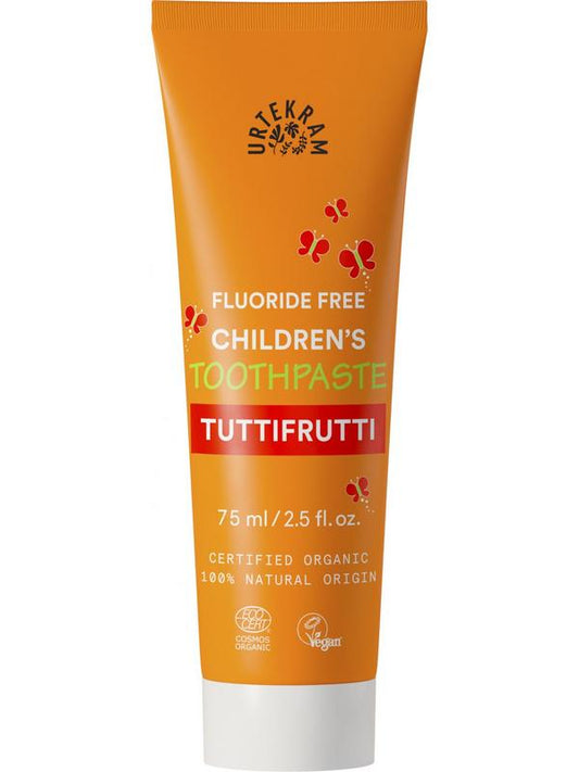 Urtekram Tuttifrutti toothpaste tube with colorful packaging and 75ml size, suitable for fresh, fruity oral care.