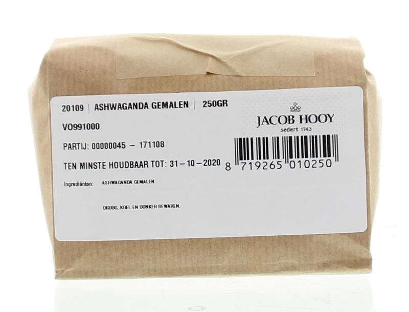 Ground Ashwagandawortel from Jacob Hooy in a 250g package, part of kruiden, zouten en maaltijdmixen collection.