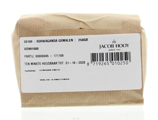 Ground Ashwagandawortel from Jacob Hooy in a 250g package, part of kruiden, zouten en maaltijdmixen collection.