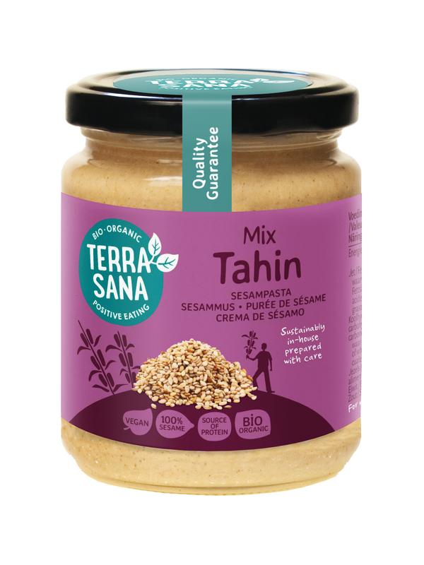 TerraSana Tahin sesampasta mix in a jar, organic brown and white sesame seed spread for bread, 250g.