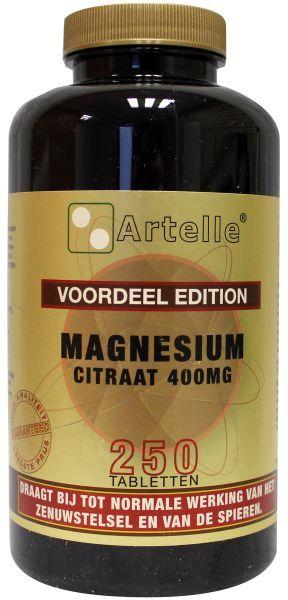 Artelle Magnesium Citraat tabletten, mineral supplement in a bottle, showing 250 easy-to-swallow tablets for magnesium support.