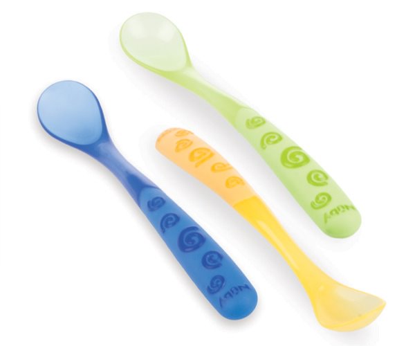 Nuby toddler spoon with long handle, suitable for young children, shown on white background with product label.