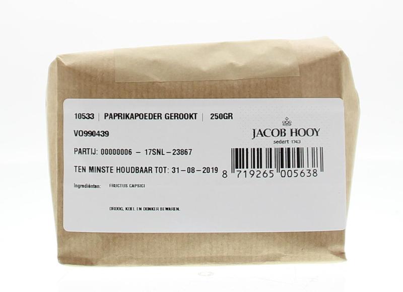 Jacob Hooy smoked paprika in a 250g jar, a flavorful spice used in herbs, salts, and meal mixes for cooking.