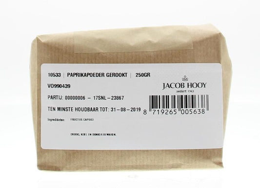 Jacob Hooy smoked paprika in a 250g jar, a flavorful spice used in herbs, salts, and meal mixes for cooking.