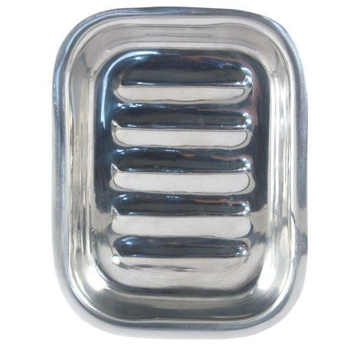 Stainless steel soap dish from Aleppo Soap Co, ideal for bathroom or toilet use, holding soap securely in a modern setting.