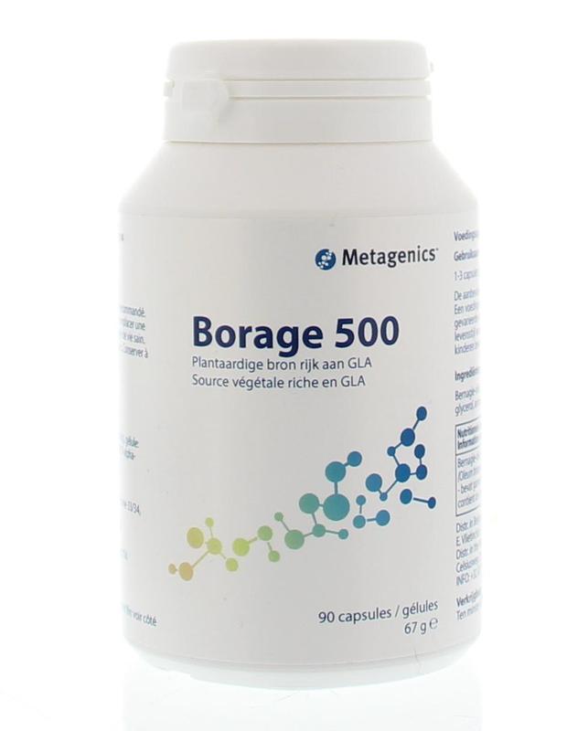 Metagenics Borage 500 Vetzuren capsules in a bottle, dietary supplement with 90 capsules for skin and wellness support