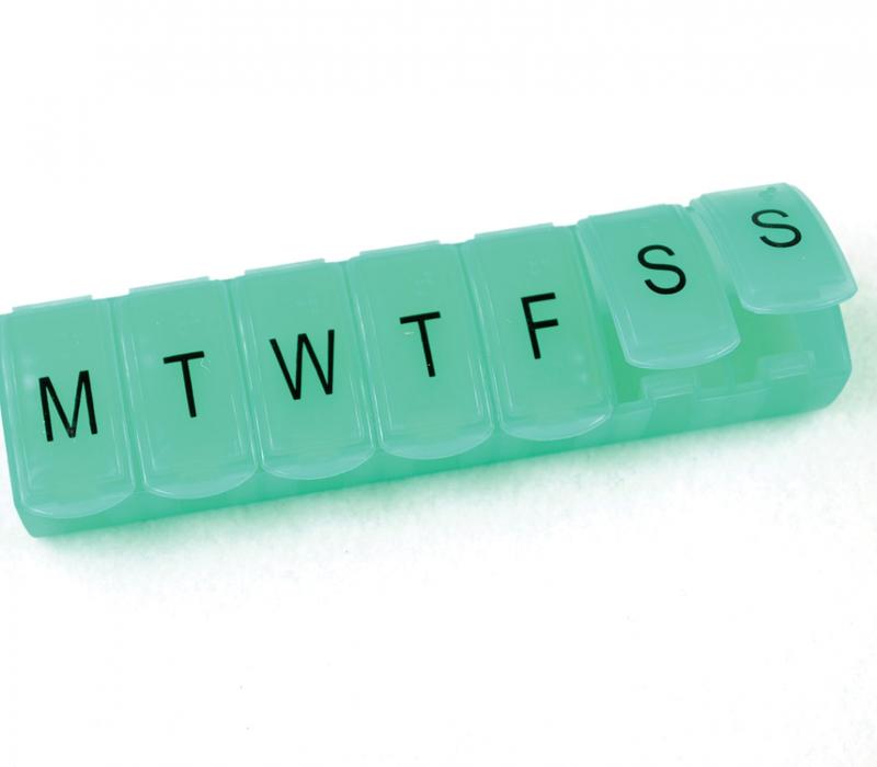 Large Able 2 pill storage box for one week, with 7 compartments for medication organization.