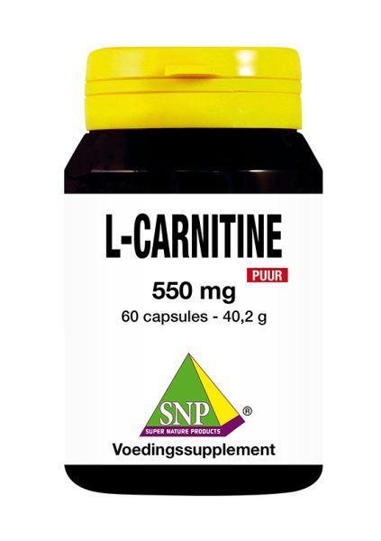 SNP L-Carnitine 550mg pure amino acid capsules, 60-count, shown in a close-up of the supplement bottle.
