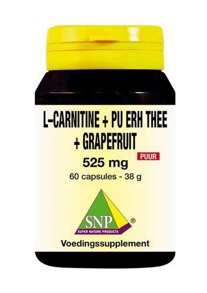 SNP L-Carnitine Pu Erh Grapefruit amino acid supplement in 60 capsules, featuring natural grapefruit flavor and supplement capsules.