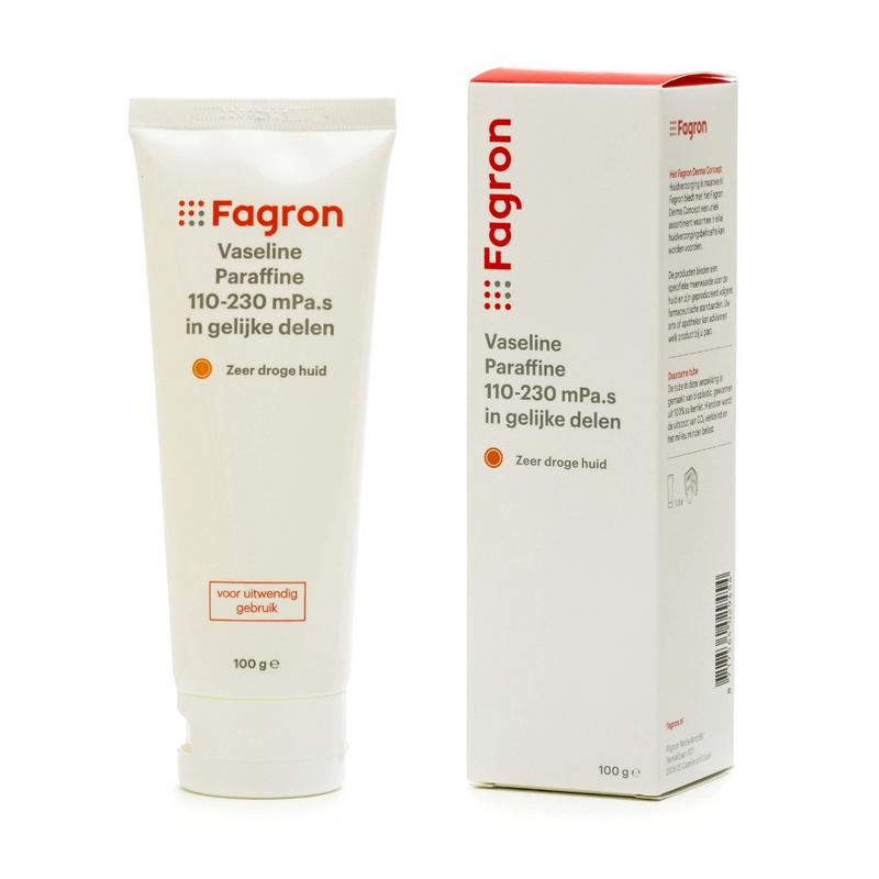 Fagron Vaseline paraffine zalf 110/230 D + B in 100g tube, moisturizing body care product with smooth, transparent petroleum jelly texture.