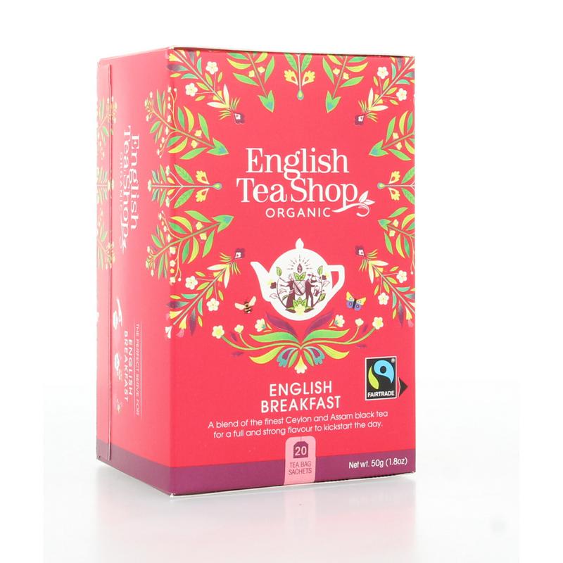 English Tea Shop English Breakfast organic tea in 20 tea bags, showing a box of breakfast tea with tea bags inside.