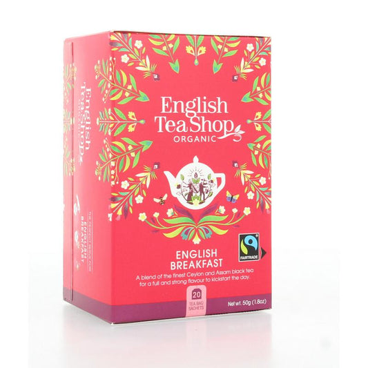 English Tea Shop English Breakfast organic tea in 20 tea bags, showing a box of breakfast tea with tea bags inside.