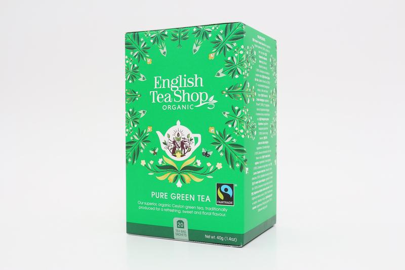 English Tea Shop green organic tea bags, 20-count, in a box, showcasing fresh green tea leaves and packaging.