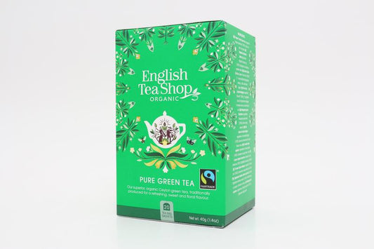 English Tea Shop green organic tea bags, 20-count, in a box, showcasing fresh green tea leaves and packaging.