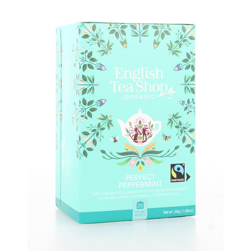 English Tea Shop Peppermint bio tea bags in a box, showcasing fresh peppermint leaves and packaging for organic herbal tea.
