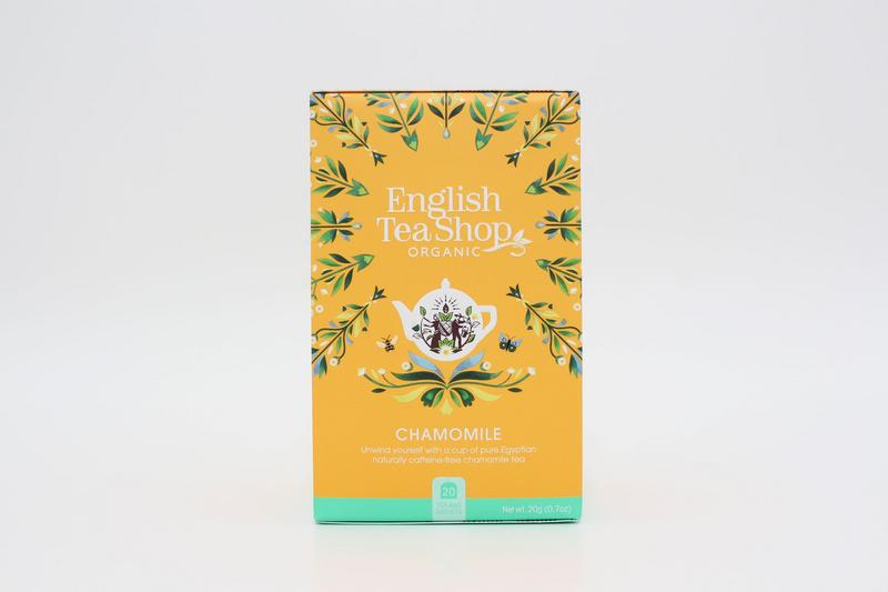English Tea Shop Chamomile organic tea bags, 20 count, with dried chamomile flowers in a natural tea packaging.