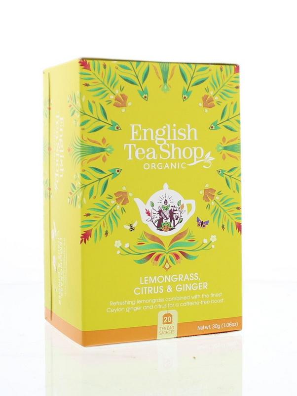 English Tea Shop lemongrass ginger citrus organic tea in 20 tea bags, showcasing fresh ingredients and vibrant packaging.