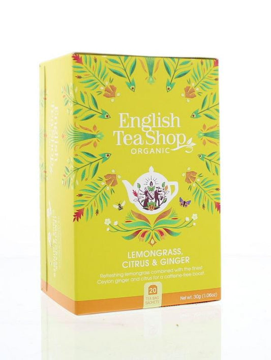 English Tea Shop lemongrass ginger citrus organic tea in 20 tea bags, showcasing fresh ingredients and vibrant packaging.