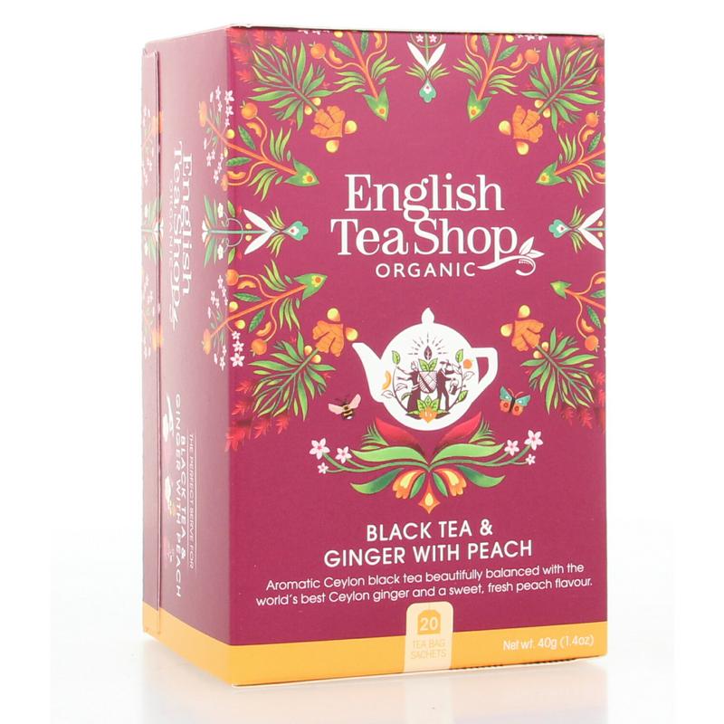 English Tea Shop ginger peach organic tea bags, 20-count, featuring fresh ginger and peach flavor in a natural, aromatic brew.