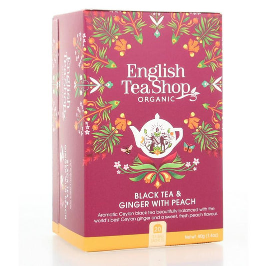 English Tea Shop ginger peach organic tea bags, 20-count, featuring fresh ginger and peach flavor in a natural, aromatic brew.