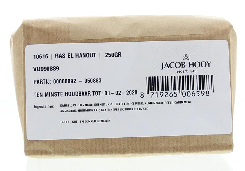 Jacob Hooy Ras el Hanout spice blend in 250g jar, aromatic Moroccan seasoning with herbs and spices for cooking.