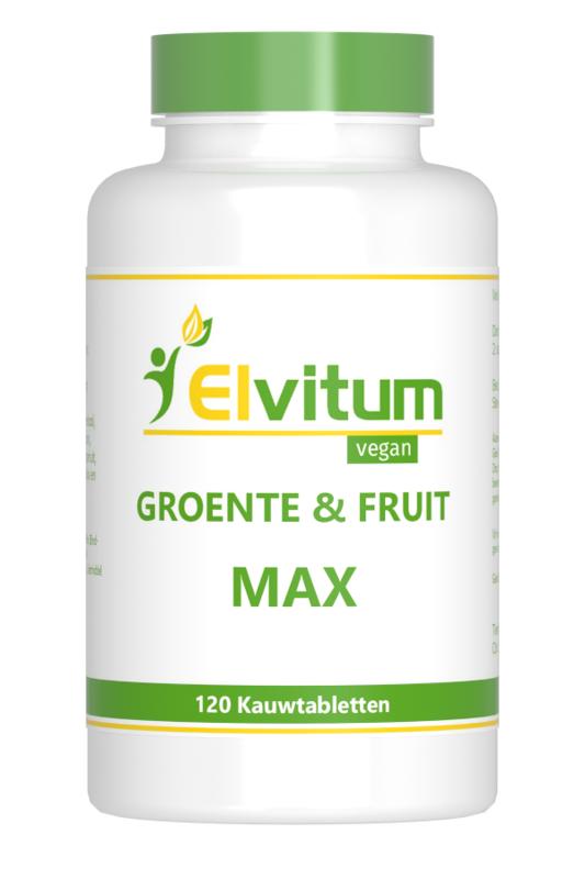Elvitum Groente en Fruit Max 120.00 kauwtabletten in een glazen pot, natuurlijke kruidenpreparaten voor gezonde voeding.