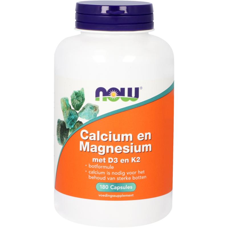 NOW Calcium, Magnesium with D3 and K2 capsules, mineral supplement in a bottle with labeled capsules.
