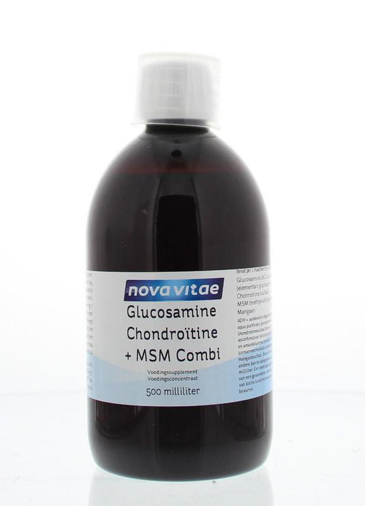 Nova Vitae Glucosamine chondroitine MSM mineral supplement bottle, 500ml, with label showing product details and branding.