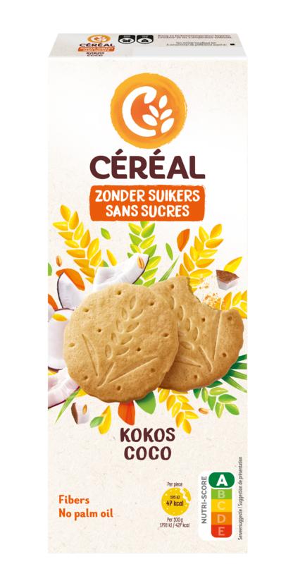 Cereal Kokos koek, 132g, showing golden coconut-flavored cookies with textured surface and crispy appearance.