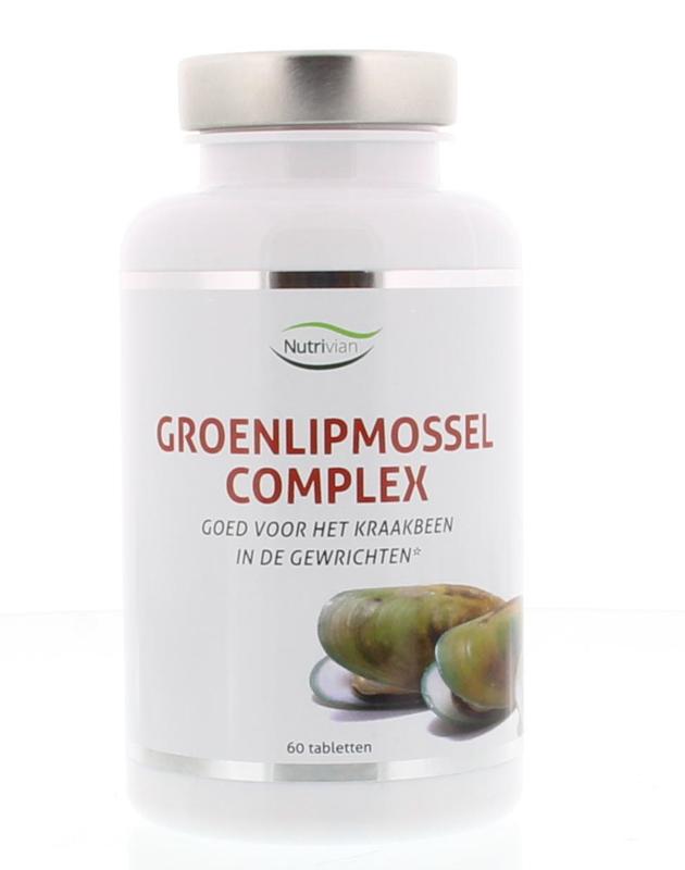 Nutrivian Groenlipmossel complex Vetzuren supplement in a bottle with 60 tablets, showcasing the product packaging and tablets inside.