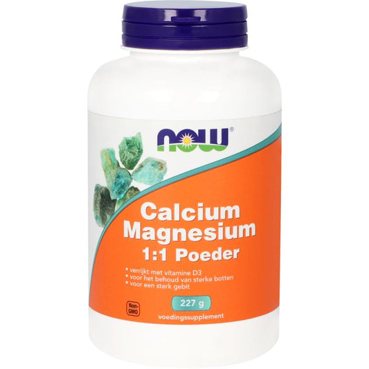 NOW Calcium and Magnesium mineral supplement in a 227g container, showcasing the label and product packaging.