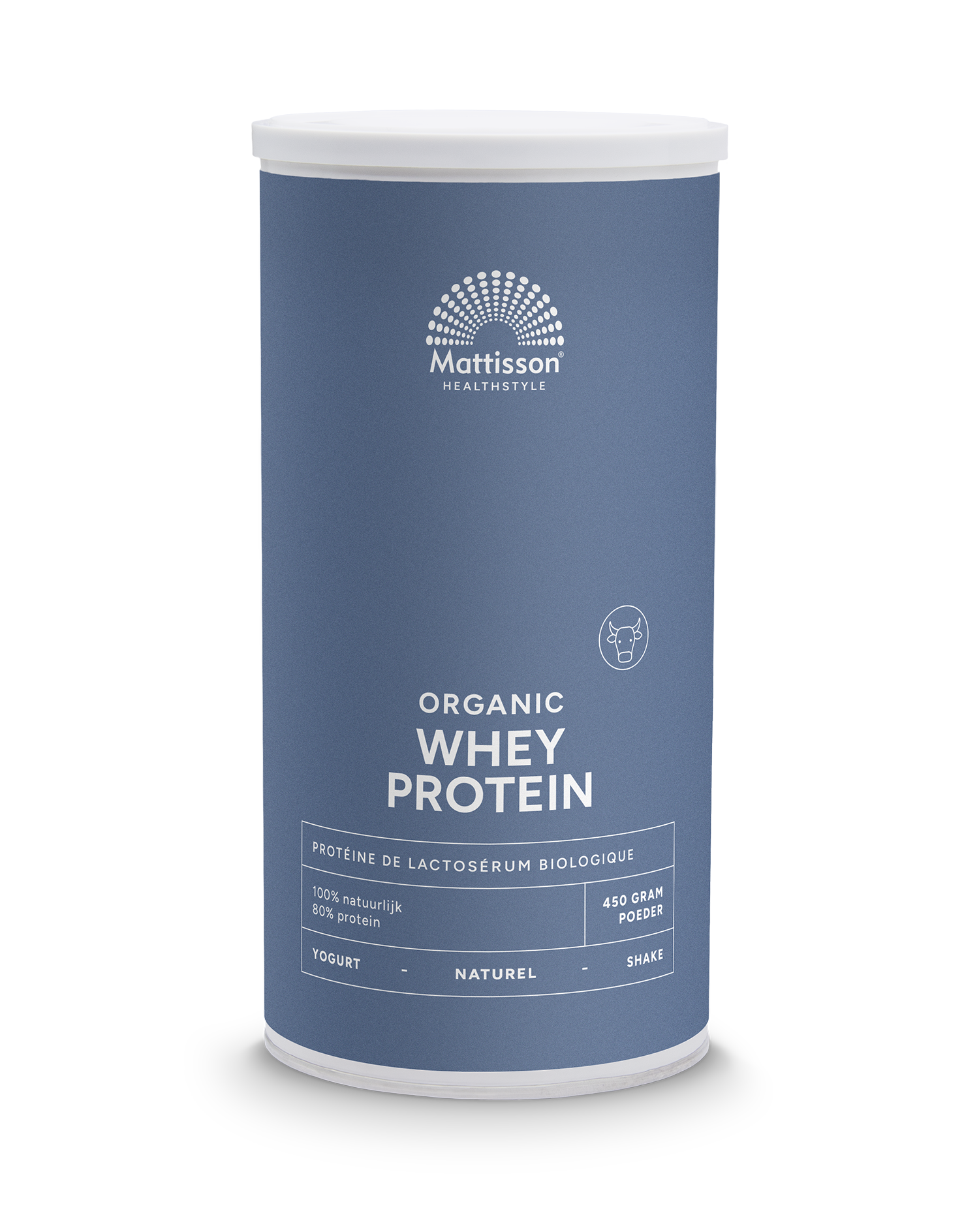 Mattisson Wei whey proteïne naturel 80% bio sportvoeding, 450g jar with label and scoop inside