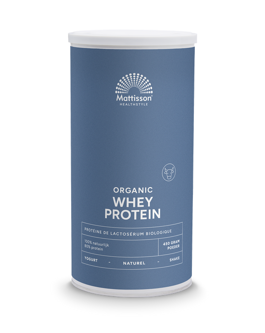 Mattisson Wei whey proteïne naturel 80% bio sportvoeding, 450g jar with label and scoop inside