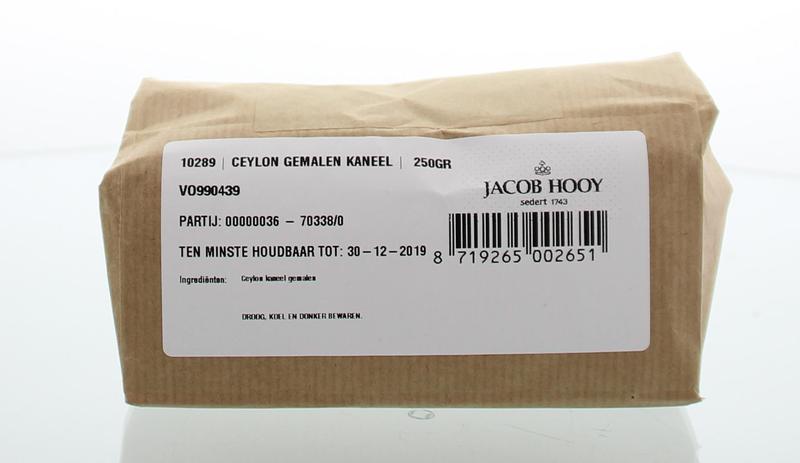 Jacob Hooy Ceylon cinnamon ground spice in a 250g container, used as a natural herb, salt, and meal seasoning.