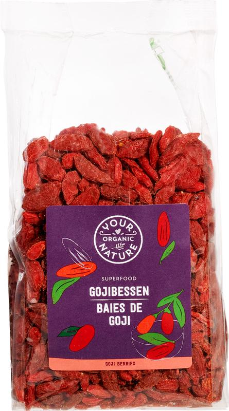 Dried organic goji berries from Your Organic Nature, raw superfood, in 250g package, bright red and plump berries shown in the image.
