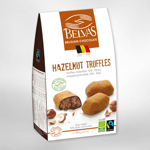 Belvas praline hazelnut truffles in a box, Belgian organic chocolate, 100 grams, with glossy dark chocolate coating and hazelnut filling