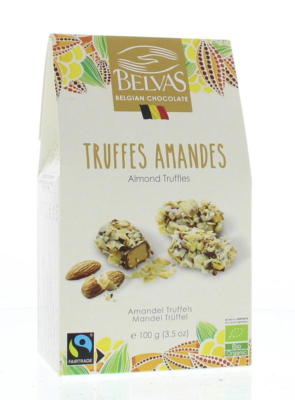 Belvas bio almond truffles, Belgian chocolate candies with visible almond pieces, displayed in a close-up shot.