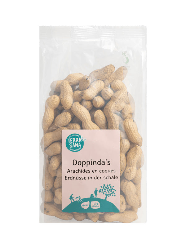 TerraSana Doppinda's gebrand bio chips en zoutjes in 330g package, featuring crunchy, roasted snack almonds and saltines.