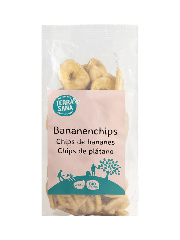 Organic TerraSana banana chips in a 200g bag, showing golden banana slices and natural texture.