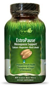 Irwin Naturals Estropauze herbal supplement softgels showing the bottle and softgel capsules.