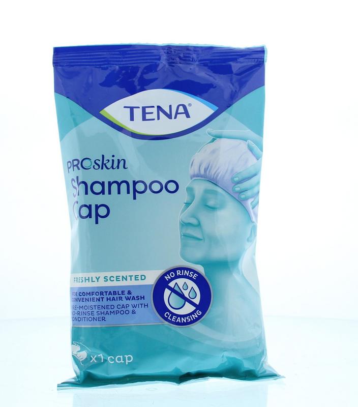 Tena shampoo cap for hair care, 1 piece, showing the cap's packaging and label for easy hair washing at home.