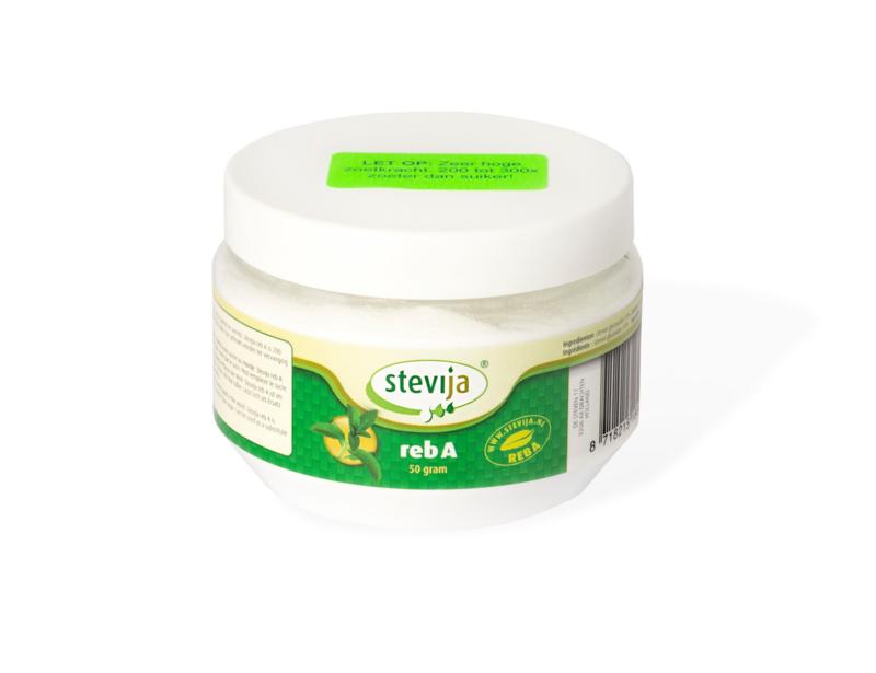 SteviJa Stevia extract powder, pure, 50 grams, natural sweetener in a clear container with white powder.