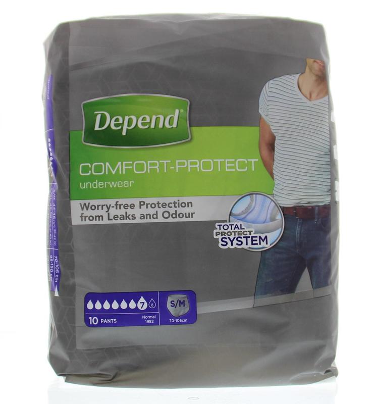 Depend men's incontinence pants in size S/M, pack of 10, with comfortable fit and discreet design.