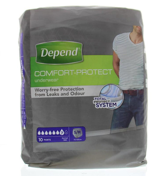 Depend men's incontinence pants in size S/M, pack of 10, with comfortable fit and discreet design.