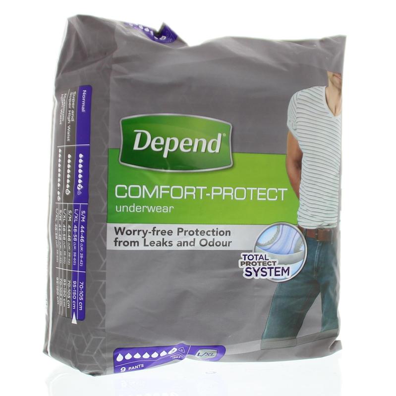 Depend men's incontinence pants, size L/XL, 9-pack, comfortable and discreet for managing incontinence.
